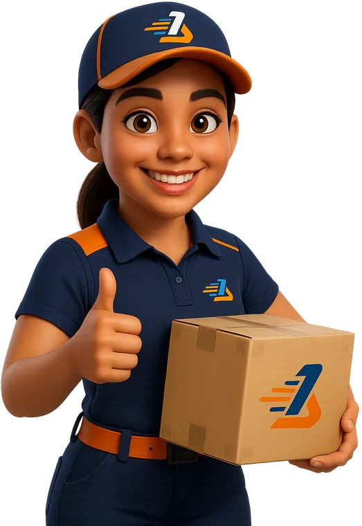 Mascote da LinearLog: entregadora sorridente de boné e uniforme da marca, segurando uma caixa LinearLog e fazendo sinal de positivo